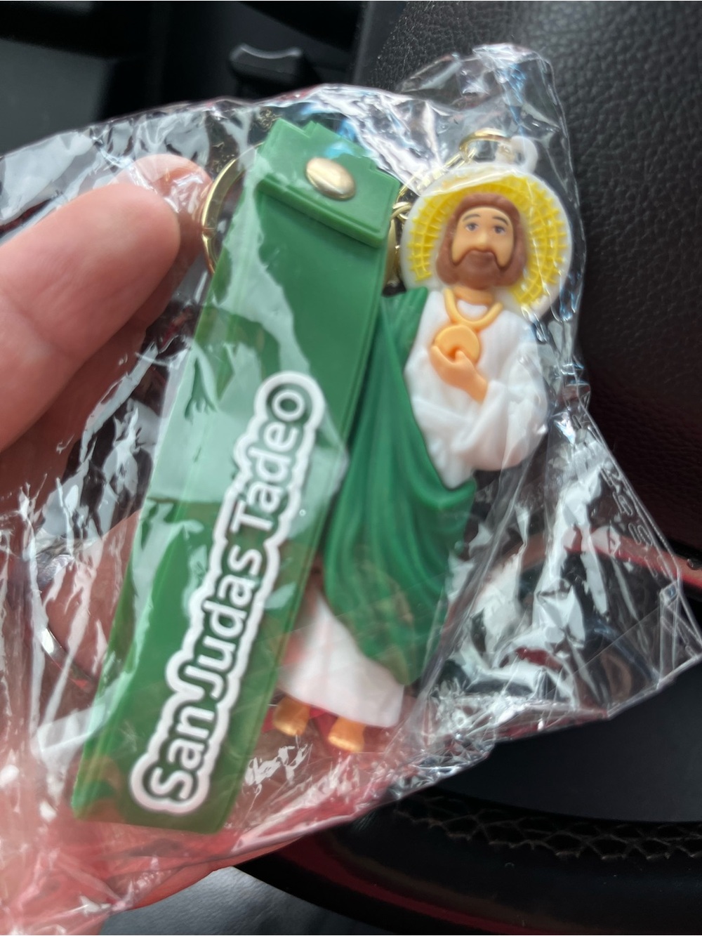 San Judas Tadeo Keychain with Green Strap